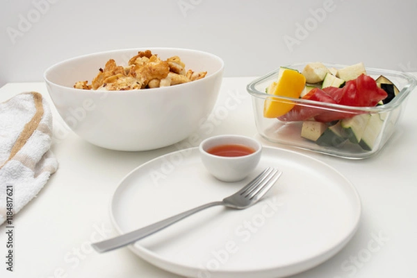 Fototapeta On a white table there is a bowl with fried chicken, a baking tray with vegetables and a plate with a fork. Homemade dinner on a white background. Copy space