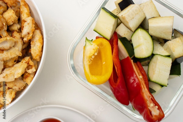 Fototapeta On a white table there is a bowl with fried chicken, a baking tray with vegetables and a plate with a fork. Homemade dinner on a white background. Copy space