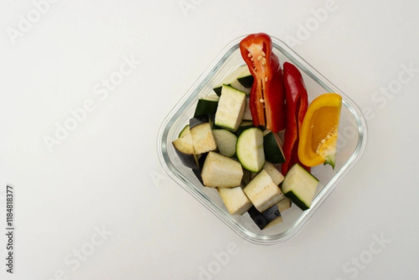 Fototapeta Glass container with chopped vegetables on white background. Zucchini, eggplant and bell pepper for baking. Ingredients for dinner. Top view, copy space