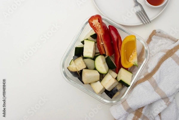Fototapeta On a white table there is a bowl with fried chicken, a baking tray with vegetables and a plate with a fork. Homemade dinner on a white background. Copy space