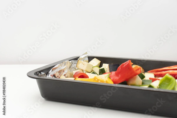 Fototapeta On a white table there is a metal baking tray with vegetables. Close-up, copy space. Zucchini, bell pepper and eggplants for baking.