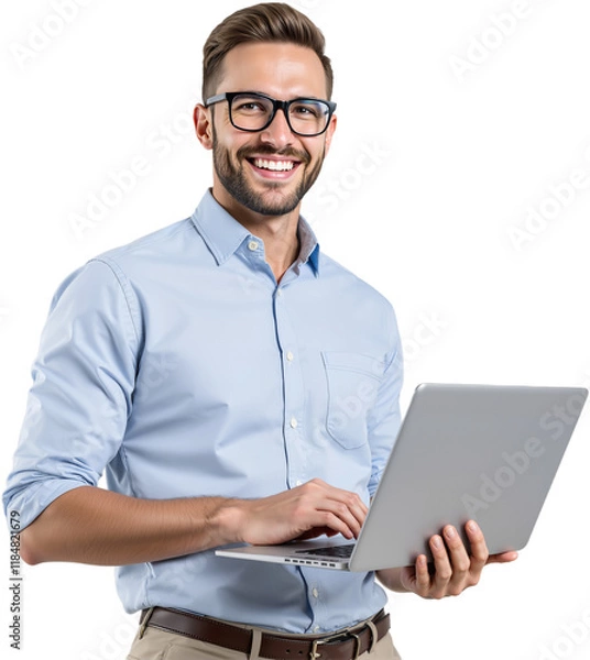 Fototapeta Businessman Holding Laptop, Smiling While Engaging with Media and Sharing Content Online, PNG format