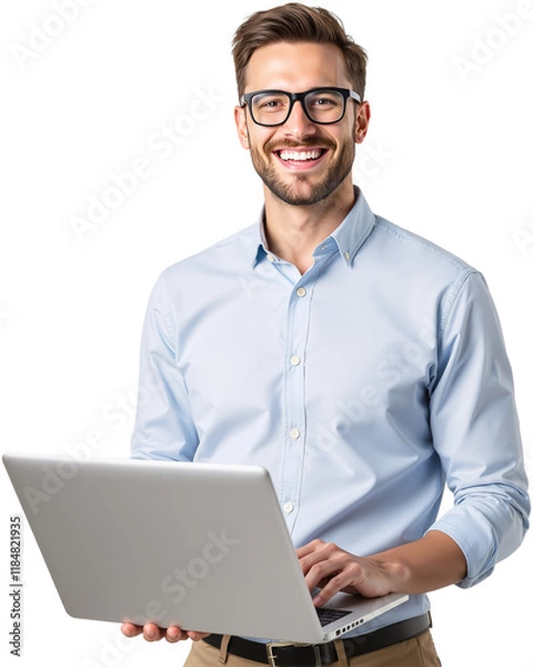 Obraz Businessman Holding Laptop, Smiling While Engaging with Media and Sharing Content Online, PNG format