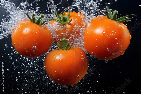 Obraz Fresh tomatoes splashing in water with bubbles during vibrant kitchen scene