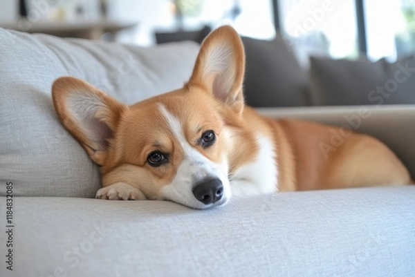 Fototapeta Close-up of a corgi dog lying on the sofa in a white living room, its head resting on the armrest, eyes open and looking at the camera Generative AI