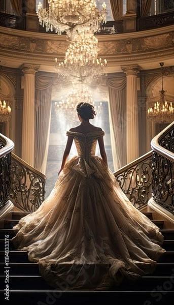 Fototapeta beautiful woman in a glamorous gown walking up the stairs, shot from behind