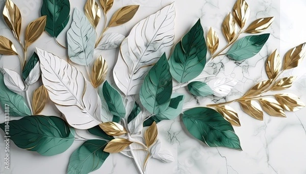 Fototapeta Abstract leaf arrangement with emerald green, white and golden textured leaves on white marble background 
