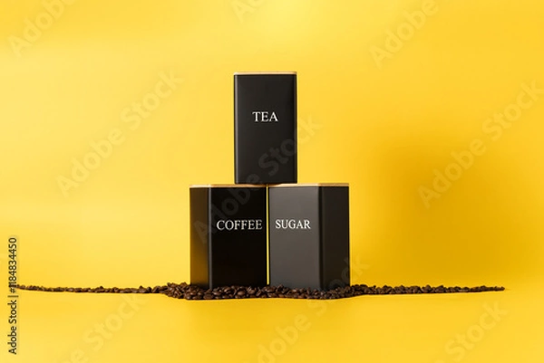 Fototapeta Black containers for tea, coffee, and sugar on a yellow background, with some wood in the caps 