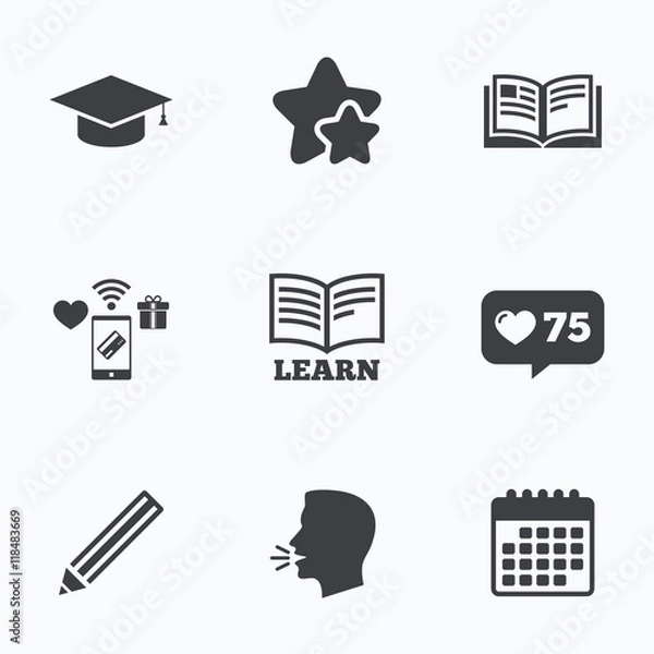Fototapeta Pencil and open book signs. Graduation cap icon.