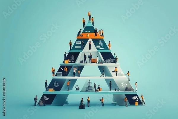 Fototapeta Miniature workers and managers collaborating inside pyramidal corporate structure
