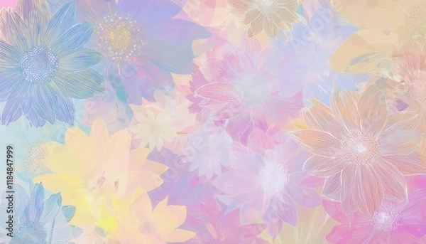 Fototapeta pastel hand drawn floral composition with layered daisies in soft hues, perfect for dreamy japanese background or gentle graphic designs