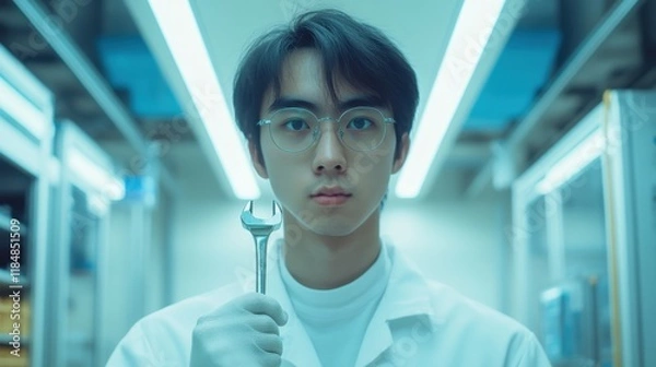 Obraz Engineer Holding Wrench in Bright Mechanical Assembly Space