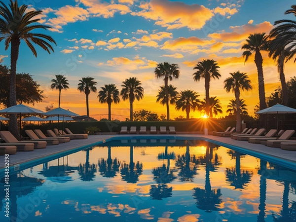 Fototapeta The luxurious setting features an umbrella and chair arrangement around a sparkling outdoor swimming pool, framed by towering coconut palm trees
