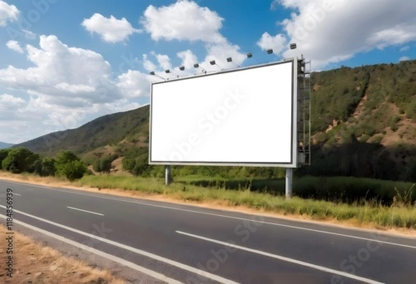 Fototapeta Empty billboard providing advertising space next to a highway with a mountain view under a cloudy blue sky