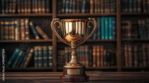 Fototapeta A trophy cup with an antique finish, set against a vintage library background with dark wood shelves 