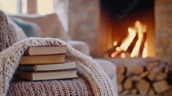 Fototapeta Cozy winter scene with books by the fireplace and knitted blanket for relaxation
