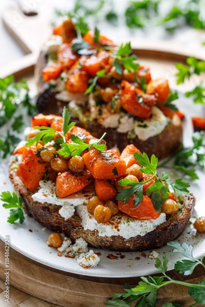 Fototapeta Close up view of vegetarian sandwich with addition of roasted pumpkin, cheese and chickpeas. Sourdough bread sandwiches