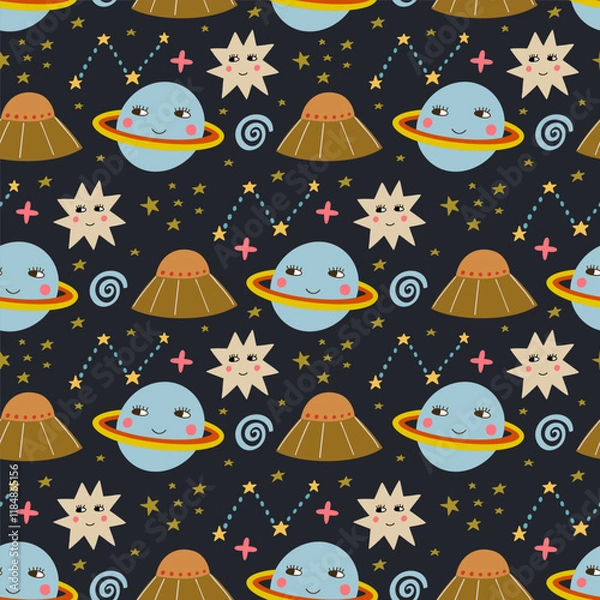 Fototapeta Space, planet, UFO, stars seamless pattern, vector background. Ideal for fabric, textile, baby bedding, wallpaper, pajamas. Scandinavian style.
