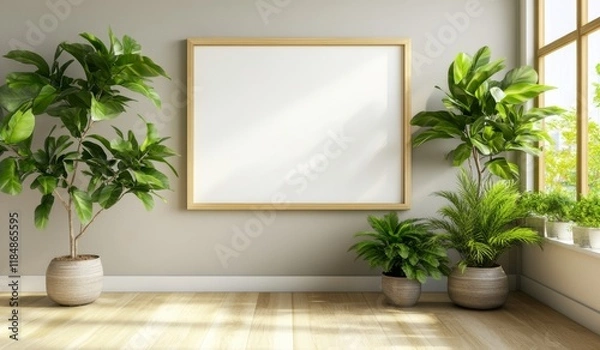 Fototapeta White Blank Frame on Wall in Modern Office with Whiteboard