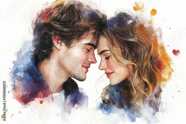 Fototapeta Young, couple and watercolour portrait illustration on a white background for drawing, happiness and contentment. Happy, beautiful and colourful sketch for valentines gift and, Generative AI