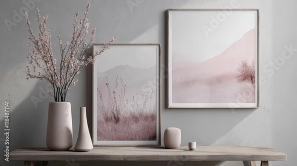 Fototapeta Pastel landscapes, vase, branches, wooden shelf, neutral tones.