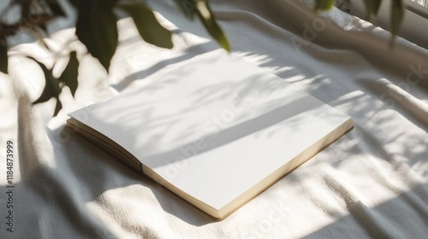 Fototapeta Blank notebook on textured fabric with leaf shadows.