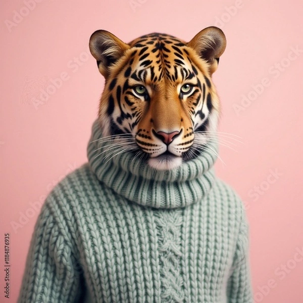 Obraz Leopard Wearing a Yellow Knitted Sweater on a Complementary Background