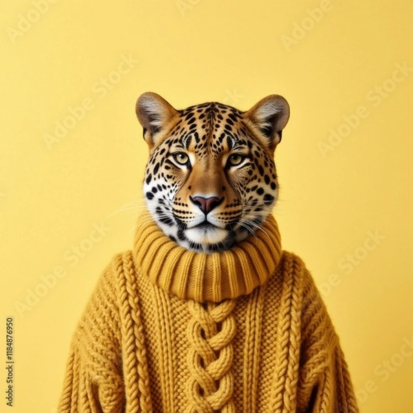Fototapeta Leopard Wearing a Yellow Knitted Sweater on a Complementary Background