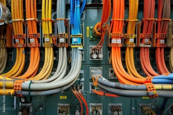 Fototapeta Bundles of vibrant electrical cables organized on a control panel showcase industrial power distribution