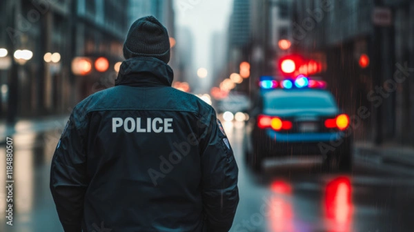 Fototapeta Police officer standing on a rainy street with emergency lights flashing in the background during early evening hours