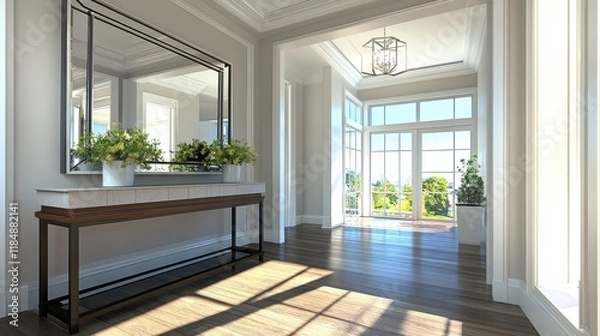 Fototapeta Bright Indoor Space with Large Mirror and Console Table