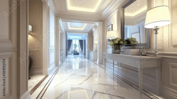 Fototapeta Spacious Indoor Hallway with Soft Lighting and Mirror