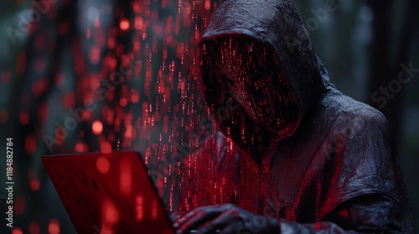 Fototapeta Hooded figure typing on laptop with binary code overlay, cybersecurity threat concept