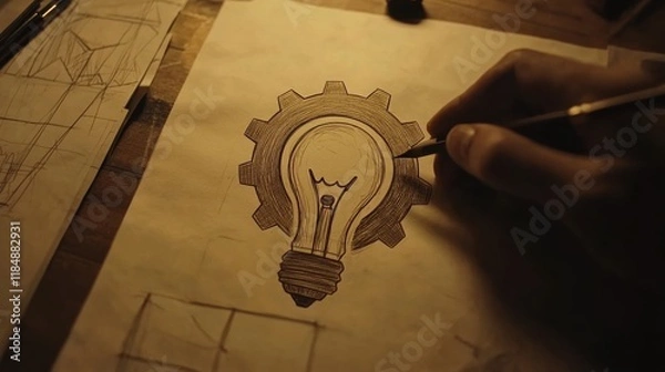 Obraz Gear and Lightbulb Drawing in Creative Workspace