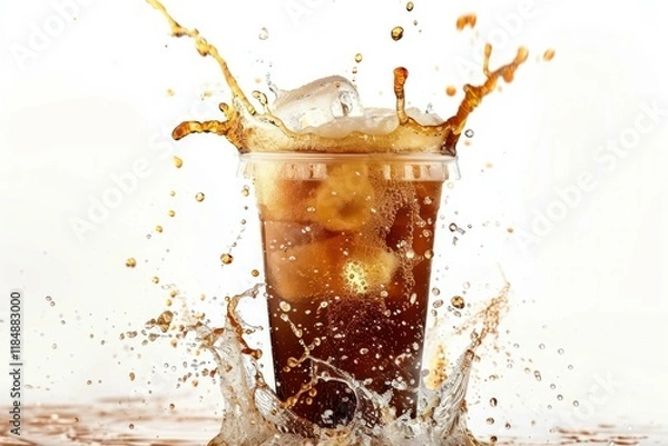 Obraz Ice cubes splashing in a plastic cup of cola, creating a refreshing explosion against a clean white backdrop