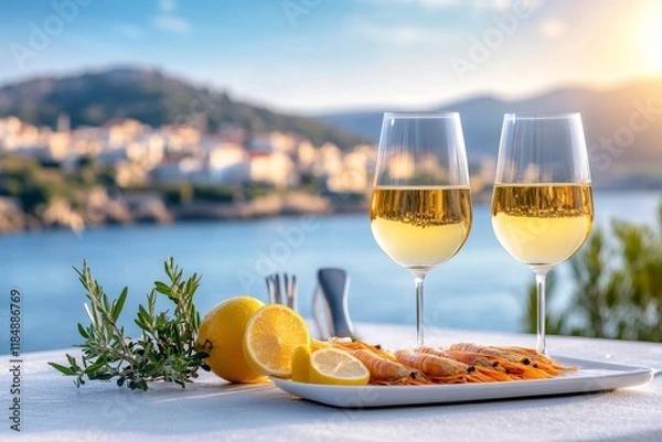 Fototapeta Camarones grandes a la parrilla con vino blanco y limón en una cena junto al mar al atardecer