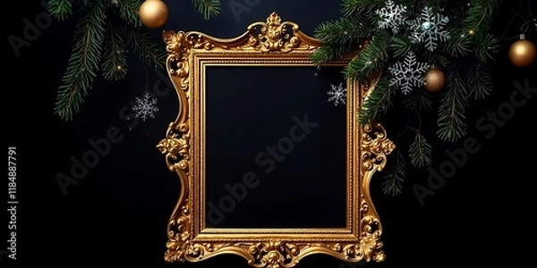 Fototapeta Elegant gold frame adorned with festive greenery.