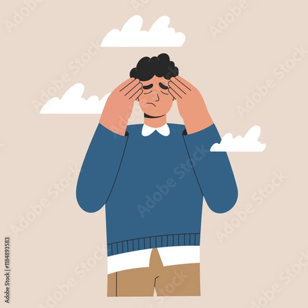 Fototapeta Depressed man under clouds, sad person has headache in bad mood covers his face with hands. Psychological disorder and mental health problems concept. Burnout and depression, flat vector illustration