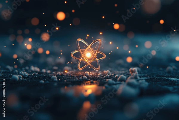 Obraz Glowing atomic model with orange particles in a dark space