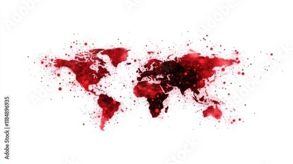 Fototapeta A stylized world map made of red splatters and dots on a white background