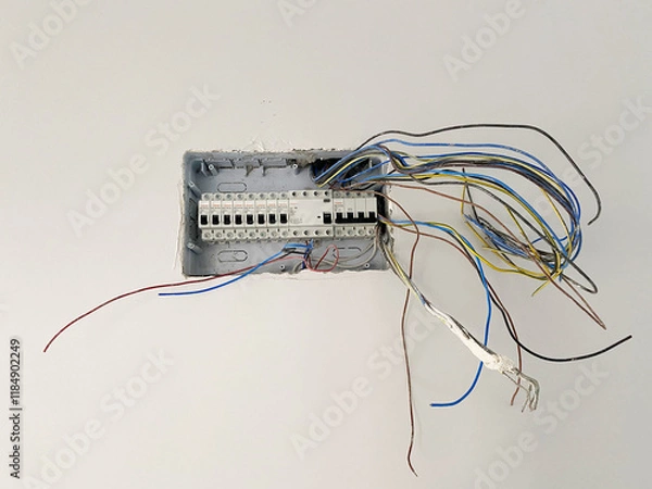Fototapeta Electrical wiring panel under installation. Electrical wiring panel embedded in a wall during renovation, with exposed colorful wires hanging loosely