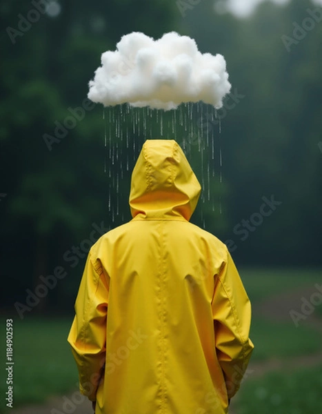 Obraz person wearing a bright yellow raincoat stands quietly as a small, fluffy cloud hovers directly above their head. Generative AI