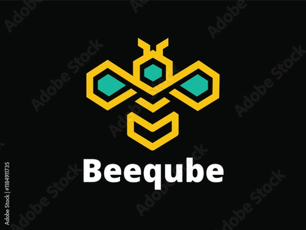 Fototapeta Beeqube Logo with Abstract Bee Design on Black Background. Minimalist Beeqube Logo. Bee Logo Design.