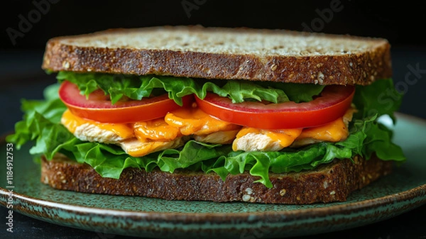 Obraz Chicken salad sandwich with lettuce and tomato, sitting on an emerald green plate. The bread is thickly sliced whole grain. Healthy homemade diet food. 