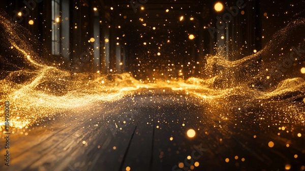 Fototapeta Golden particles create a magical atmosphere in a dimly lit room