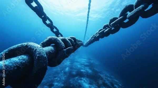 Fototapeta Underwater, rusty chain, ocean floor visible.