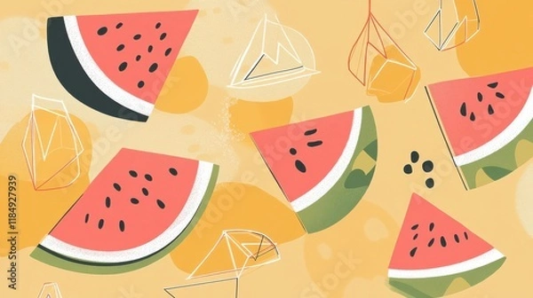 Obraz Line art of watermelon slices with geometric accents in orange, playful and fun High quality illustration