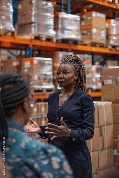 Fototapeta A woman in a black shirt is engaged in a conversation with her colleague in a busy warehouse filled with stacked boxes. Her hand gestures emphasize her points as they discuss logistics