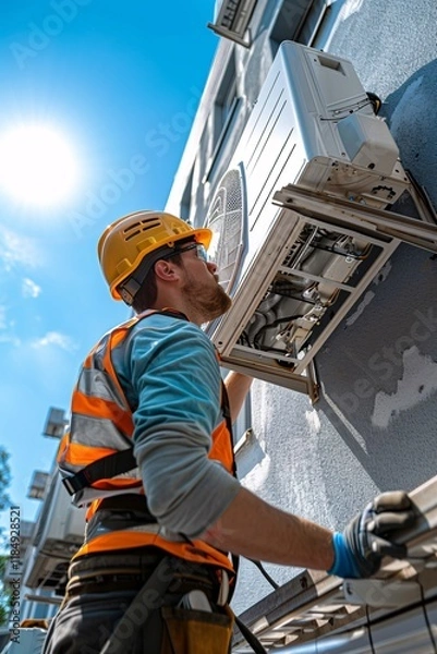 Fototapeta A construction worker is seen mounting an air conditioning unit on the exterior wall of a building. The sun shines brightly, casting a warm glow on the scene as he focuses on the task at hand