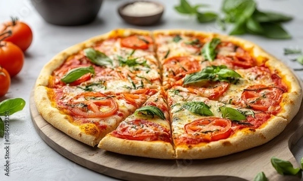 Fototapeta pizza cut into slices on a wooden board